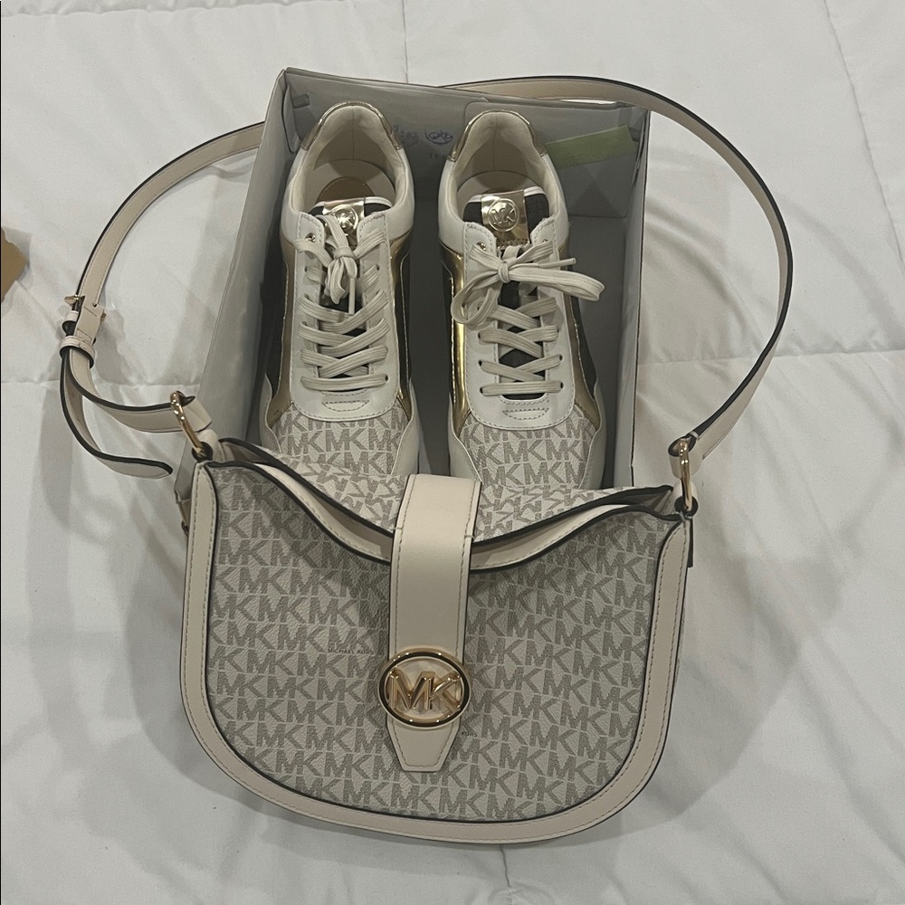 Michael Kors Cream Monogram Sneakers and Bag Set